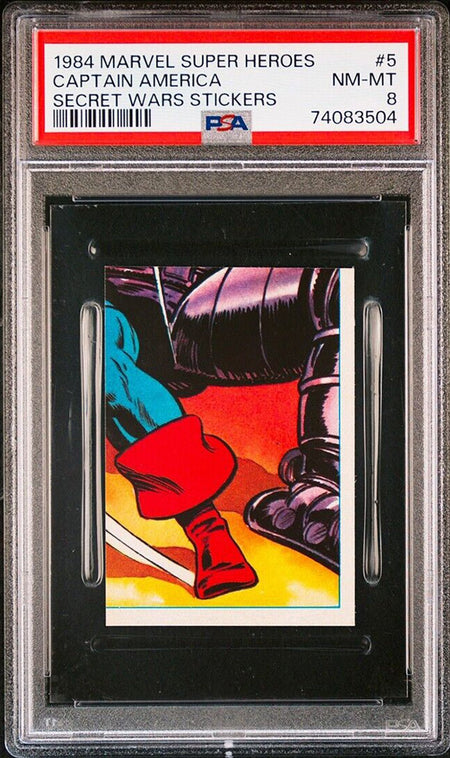 CAPTAIN AMERICA PSA 8 1984 Marvel Super Heroes Secret Wars Sticker #5 C1 Marvel Graded Cards Sticker - Hobby Gems