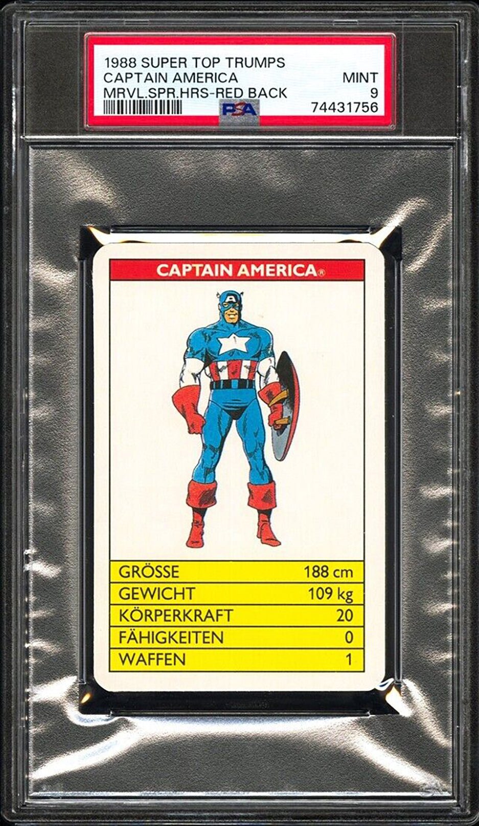 CAPTAIN AMERICA PSA 9 1988 Super Top Trumps Marvel Super Heroes Red Back C1 Marvel Base Graded Cards - Hobby Gems