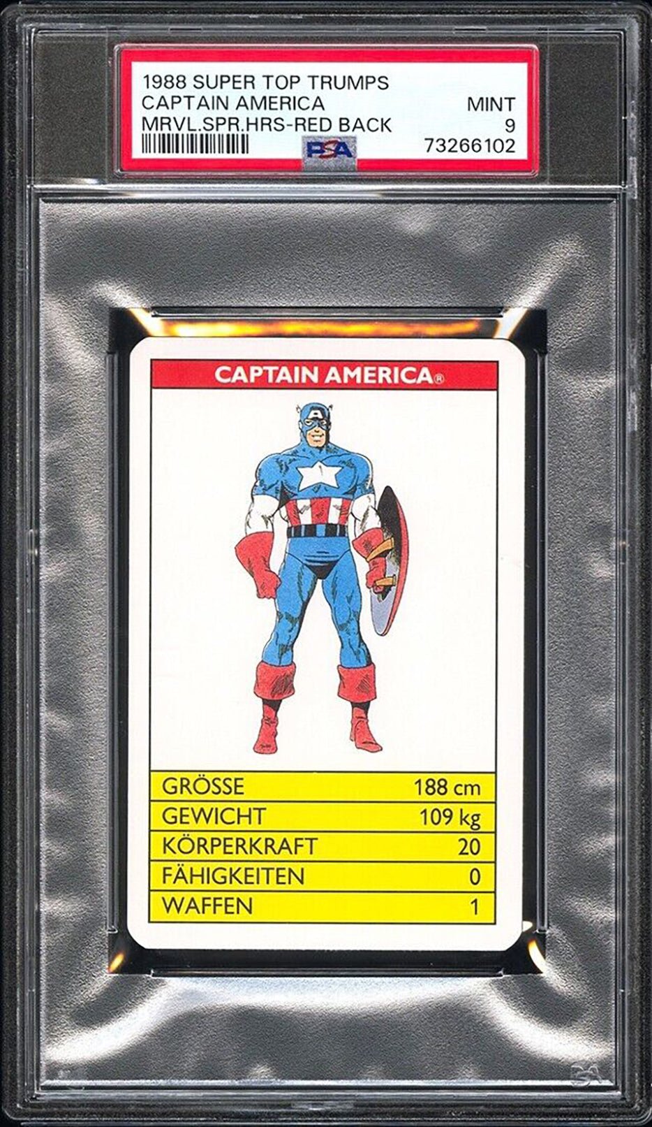 CAPTAIN AMERICA PSA 9 1988 Super Top Trumps Marvel Super Heroes Red Back C2 Marvel Base Graded Cards - Hobby Gems