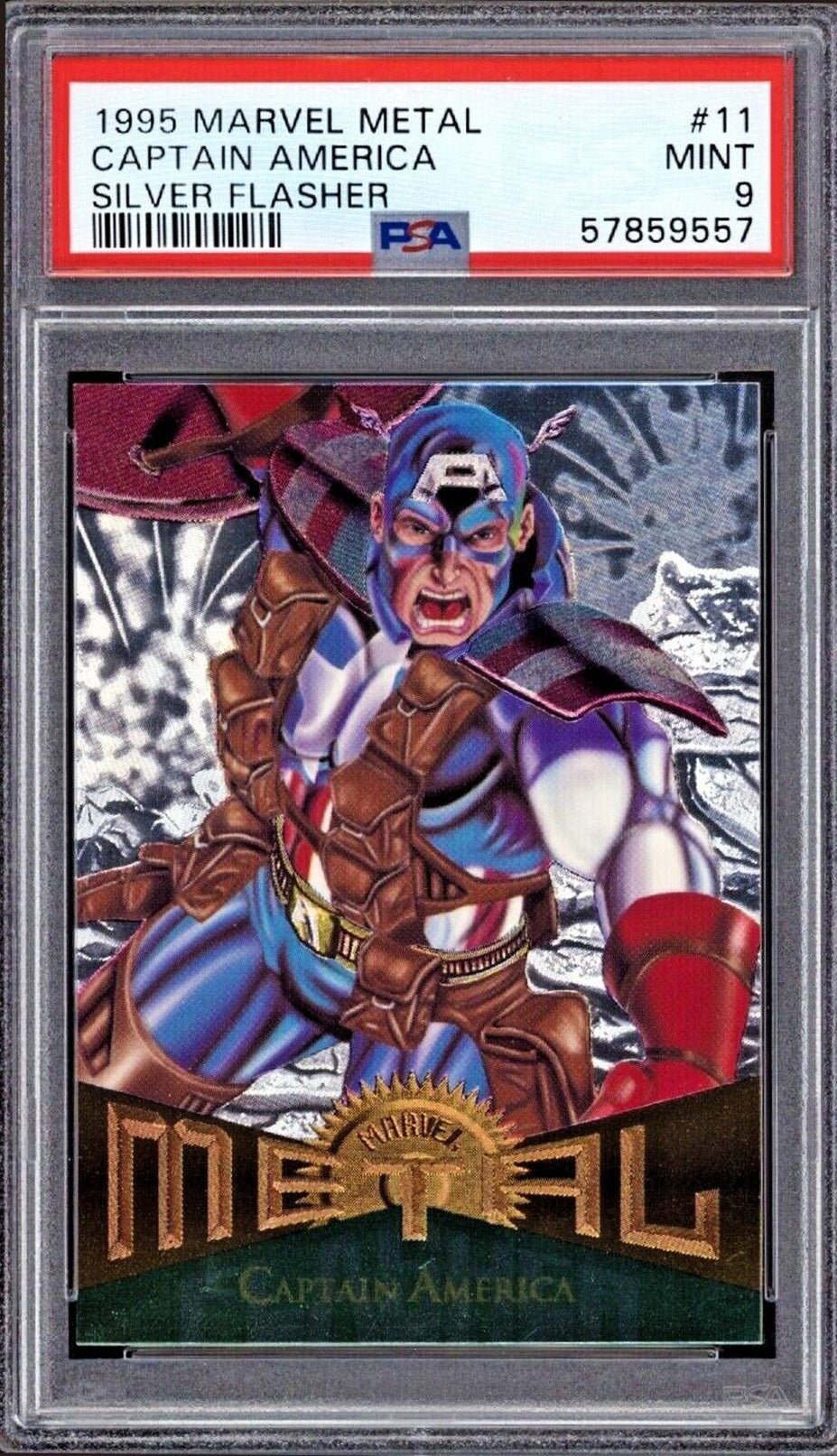 CAPTAIN AMERICA PSA 9 1995 Marvel Metal Silver Flasher #11 C1 Marvel Graded Cards Insert - Hobby Gems