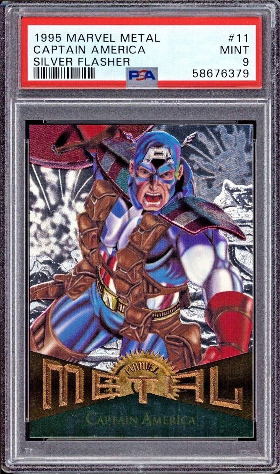 CAPTAIN AMERICA PSA 9 1995 Marvel Metal Silver Flasher #11 C2 Marvel Graded Cards Insert - Hobby Gems