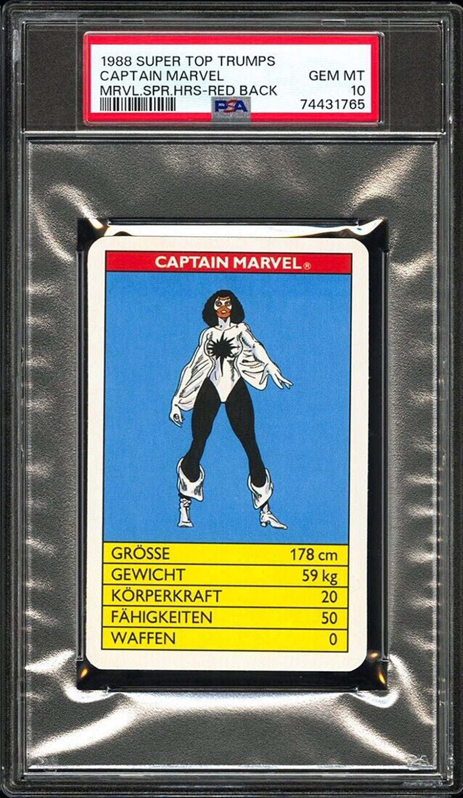 CAPTAIN MARVEL PSA 10 1988 Super Top Trumps Marvel Super Heroes Red Back Marvel Base Graded Cards - Hobby Gems