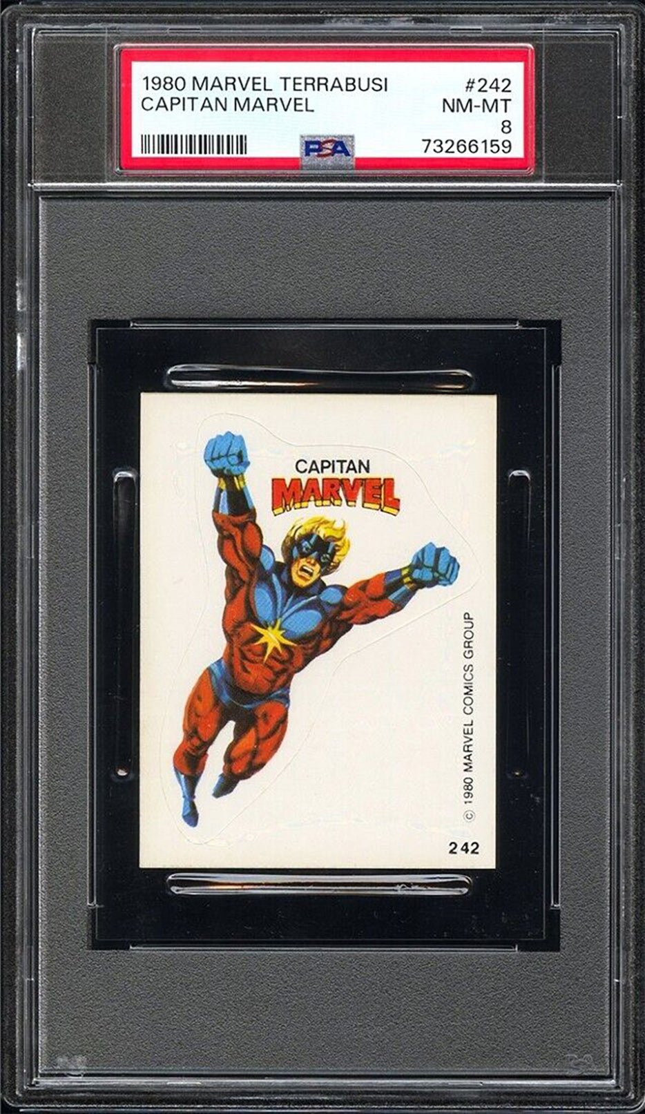 CAPTAIN MARVEL PSA 8 1980 Terrabusi Marvel Superheroes Sticker #242 Marvel Graded Cards Sticker - Hobby Gems