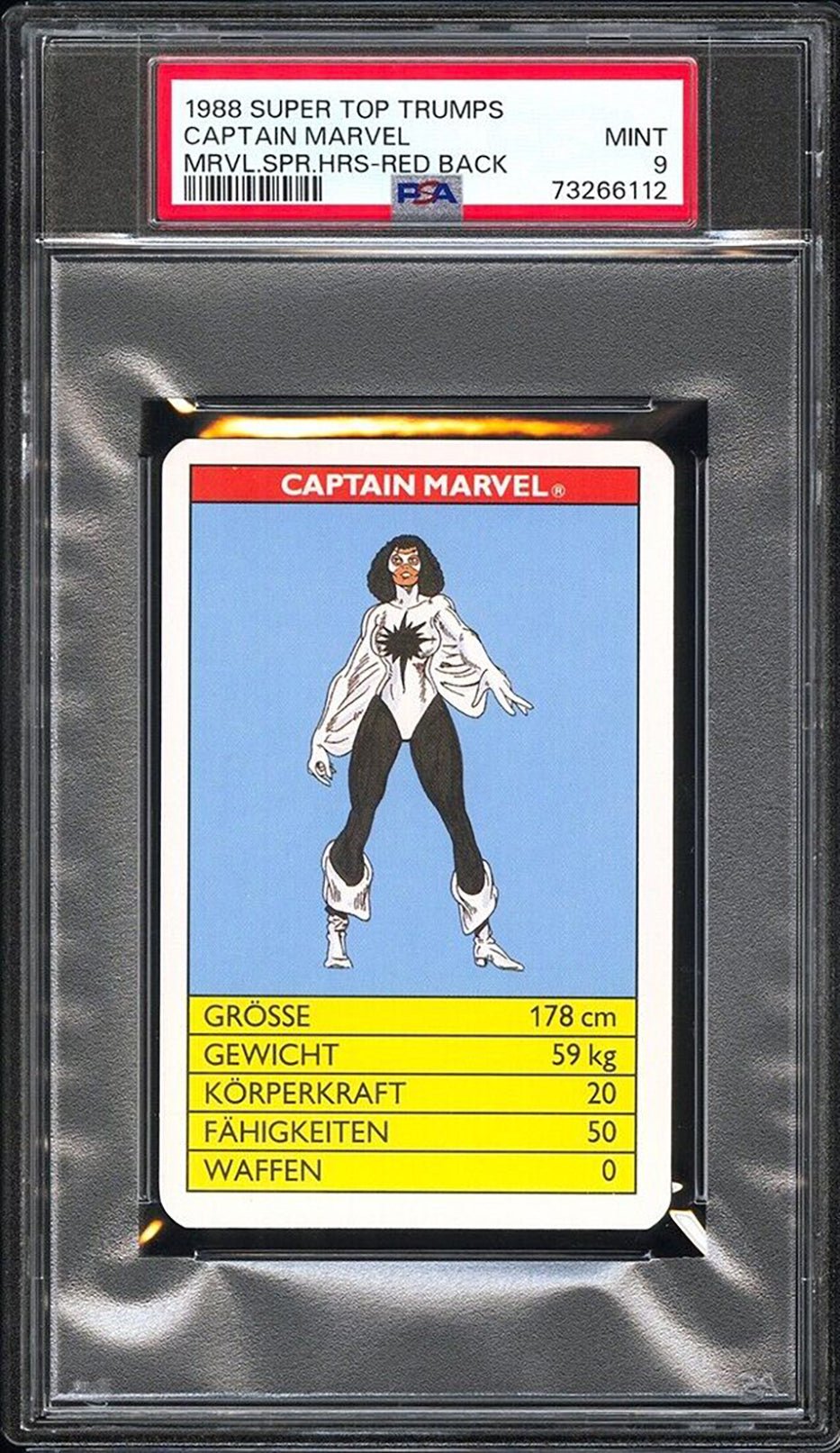 CAPTAIN MARVEL PSA 9 1988 Super Top Trumps Marvel Super Heroes Red Back Marvel Base Graded Cards - Hobby Gems