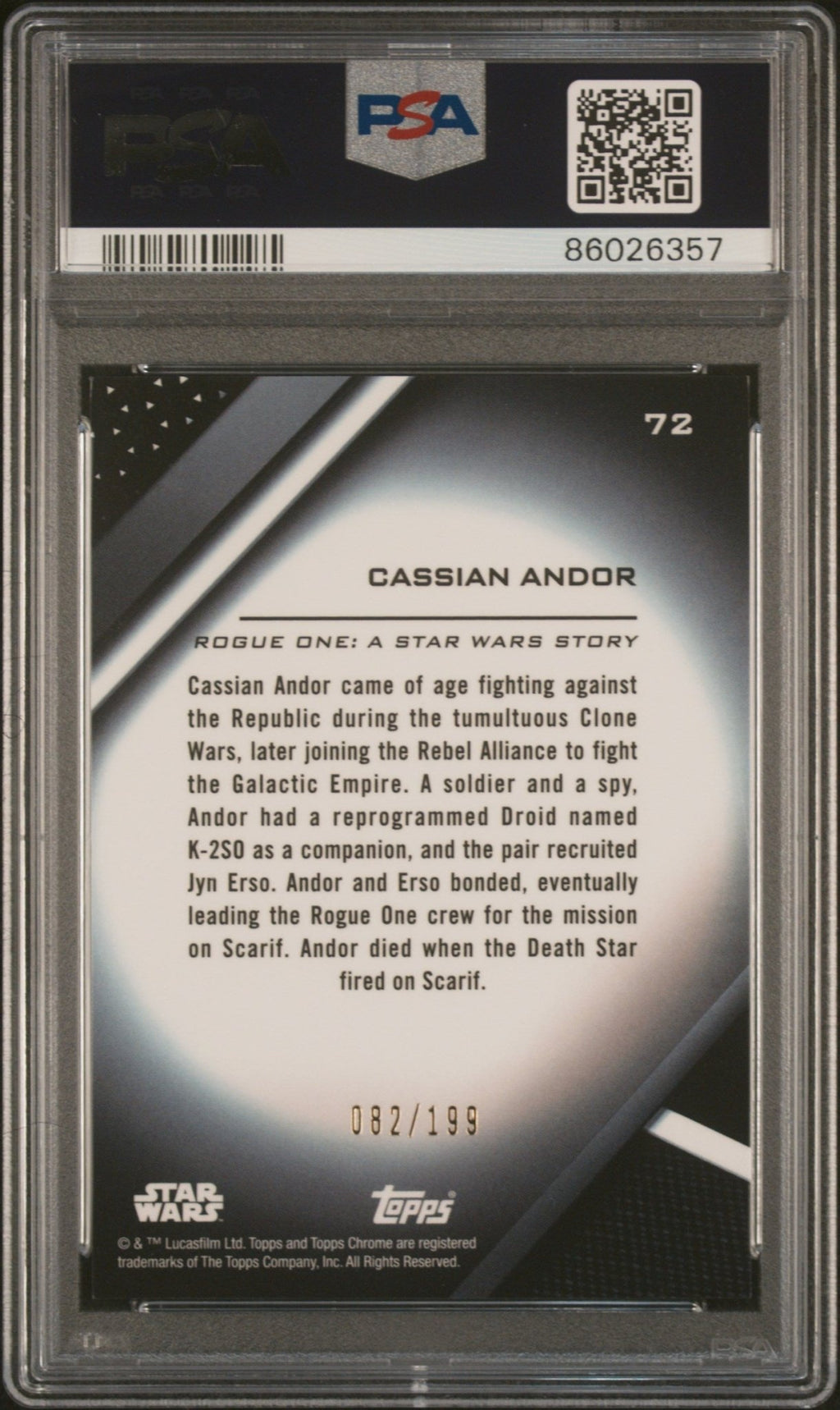 CASSIAN ANDOR PSA 10 2022 Topps Chrome Black Star Wars Refractor #72 082/199 Star Wars Graded Cards Paralell Serial Numbered - Hobby Gems