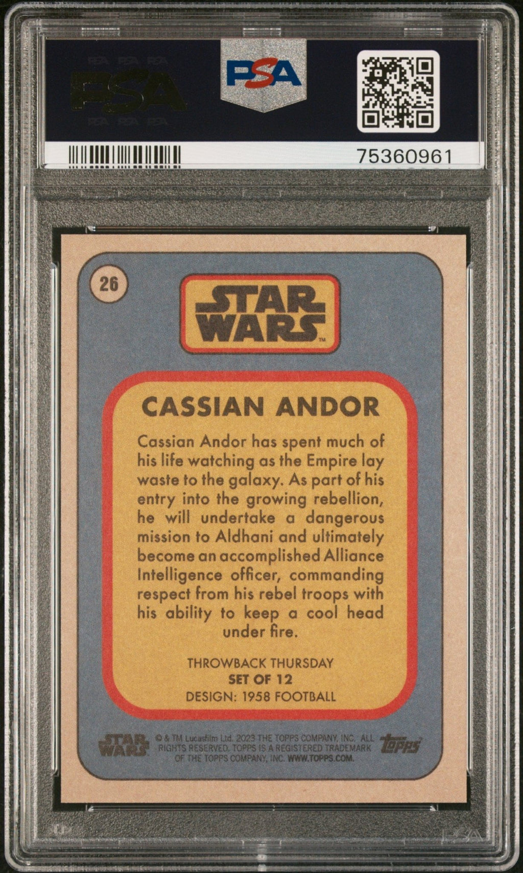 CASSIAN ANDOR PSA 10 2023 Topps Star Wars Throwback Thursday TBT #26 C5 Star Wars Base Graded Cards - Hobby Gems