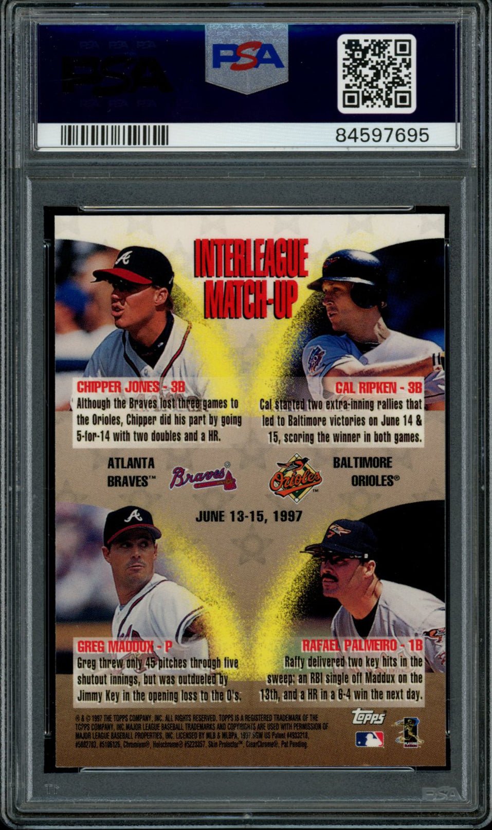 CHIPPER JONES PSA 10 1998 Topps Inter-League Mystery Finest Ripken Maddux Palmeiro Baseball Graded Cards Insert - Hobby Gems