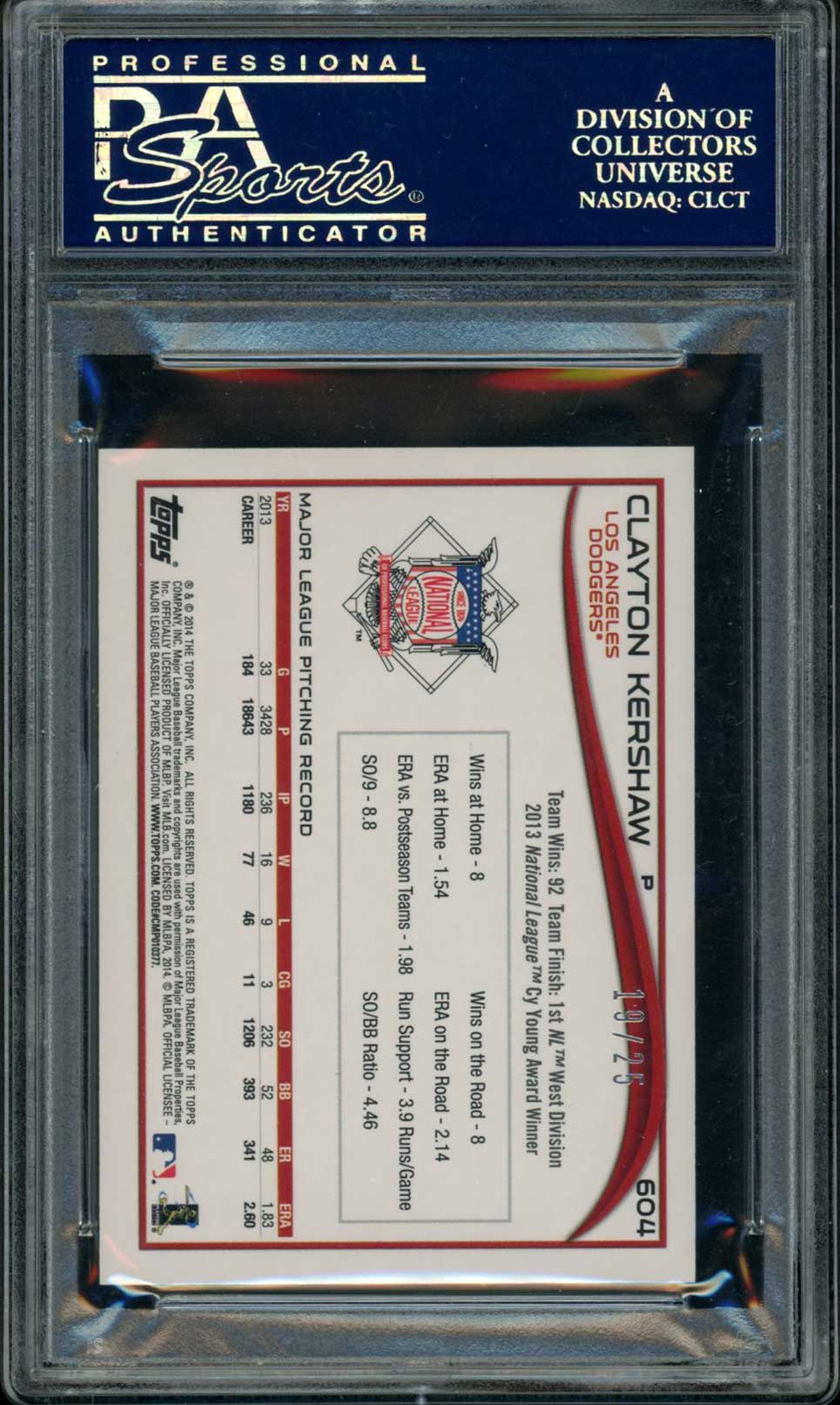 CLAYTON KERSHAW PSA 9 2014 Topps Mini Pink #604 19/25 Baseball Graded Cards Parallel Serial Numbered - Hobby Gems