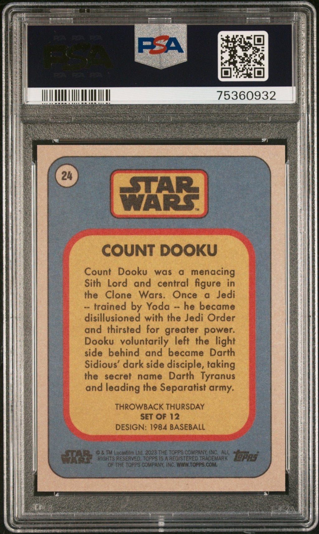 COUNT DOOKU PSA 10 2023 Topps Star Wars Throwback Thursday TBT #24 C2 Star Wars Base Graded Cards - Hobby Gems