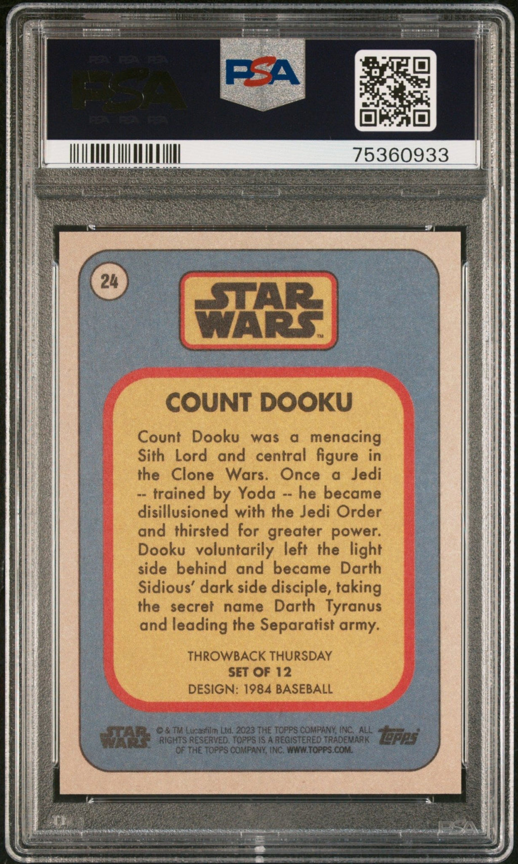 COUNT DOOKU PSA 10 2023 Topps Star Wars Throwback Thursday TBT #24 C3 Star Wars Base Graded Cards - Hobby Gems