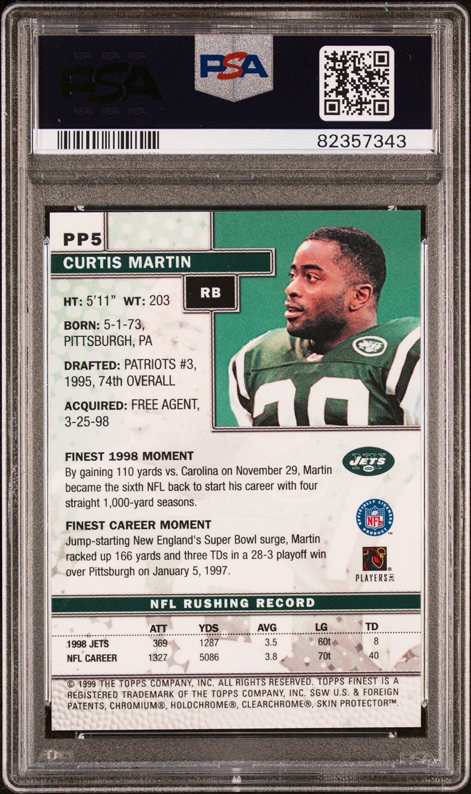 CURTIS MARTIN PSA 6 1999 Topps Finest Pre-Production Promo #PP5 Football Base Graded Cards - Hobby Gems