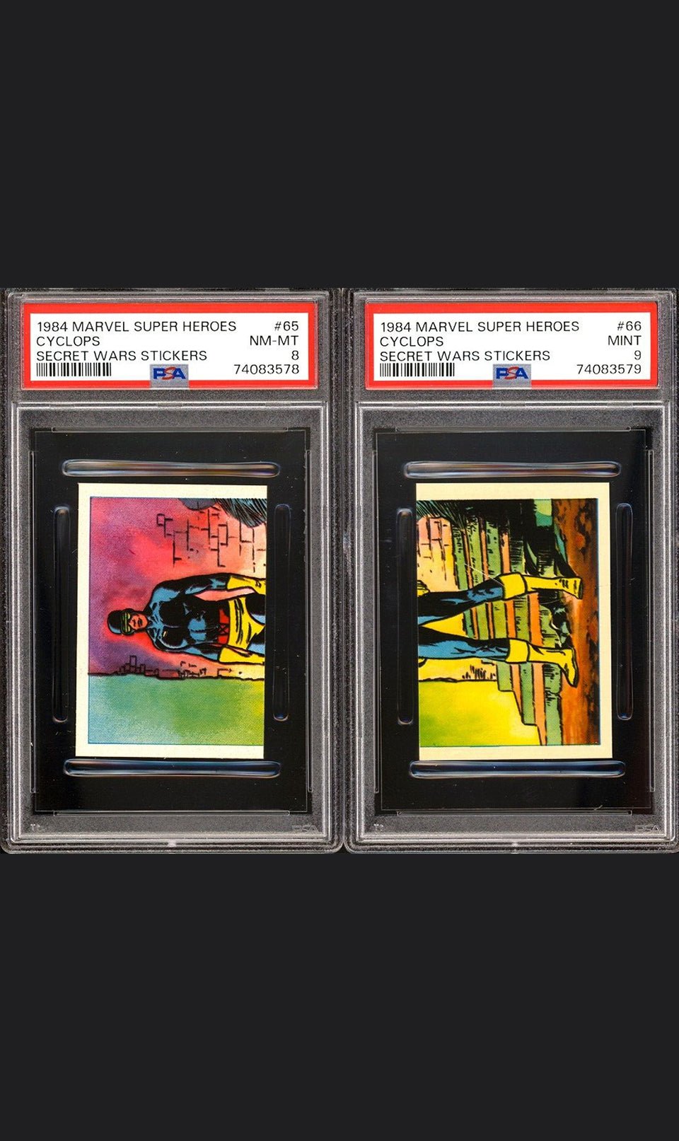 CYCLOPS PSA 9 and 8 1984 Marvel Super Heroes Secret Wars Stickers #65 and #66 Marvel Graded Cards Sticker - Hobby Gems