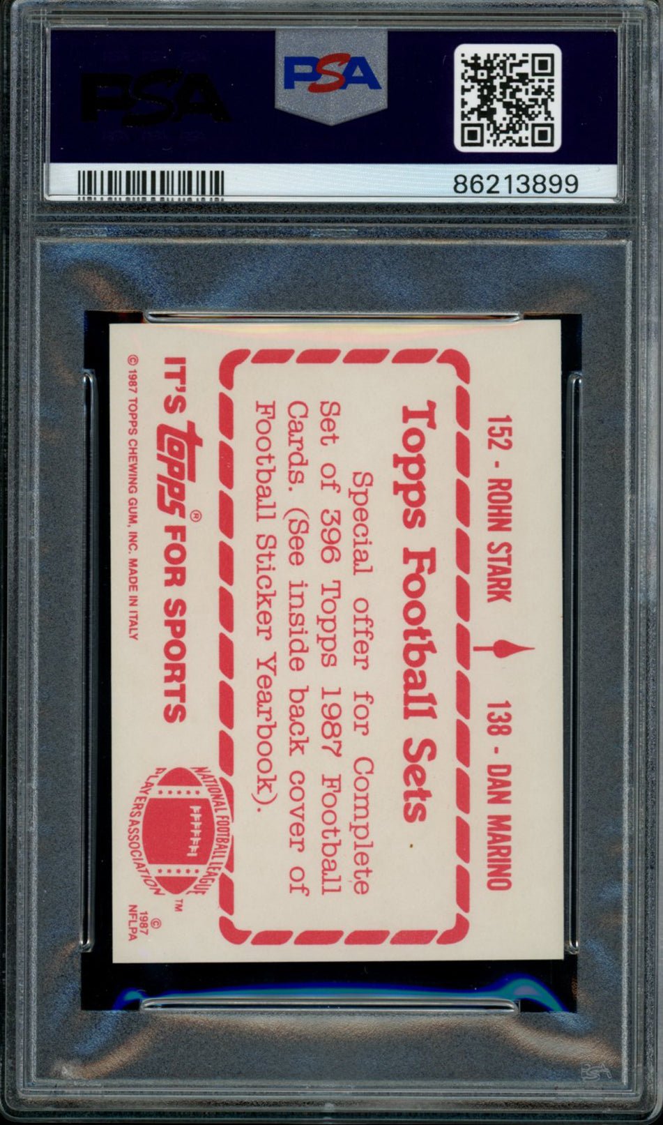 DAN MARINO PSA 8 1987 Topps Sticker #138 Rohn Stark 152 Football Base Graded Cards Sticker - Hobby Gems