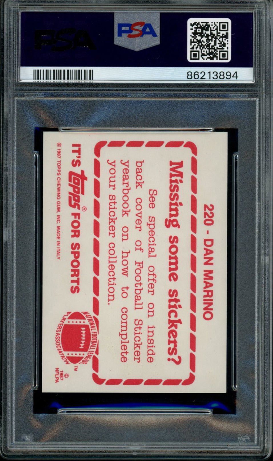 DAN MARINO PSA 9 1987 Topps Sticker #220 Football Base Graded Cards Sticker - Hobby Gems