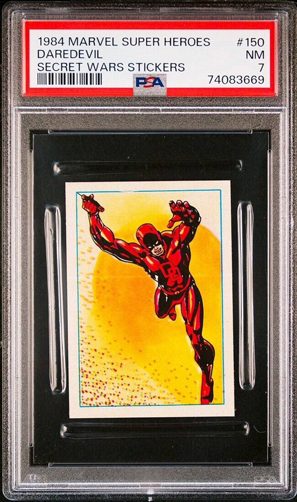 DAREDEVIL PSA 7 1984 Marvel Super Heroes Secret Wars Sticker #150 Marvel Graded Cards Sticker - Hobby Gems