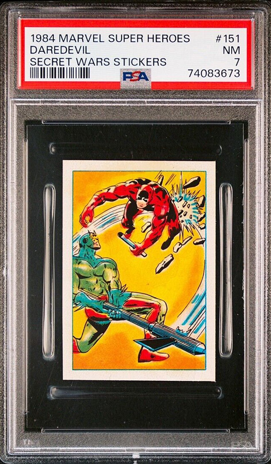 DAREDEVIL PSA 7 1984 Marvel Super Heroes Secret Wars Sticker #151 Marvel Graded Cards Sticker - Hobby Gems