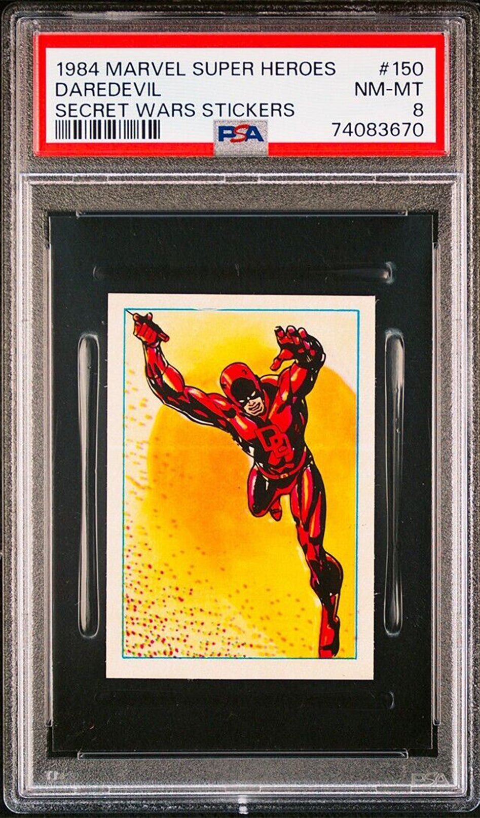 DAREDEVIL PSA 8 1984 Marvel Super Heroes Secret Wars Sticker #150 C1 Marvel Graded Cards Sticker - Hobby Gems