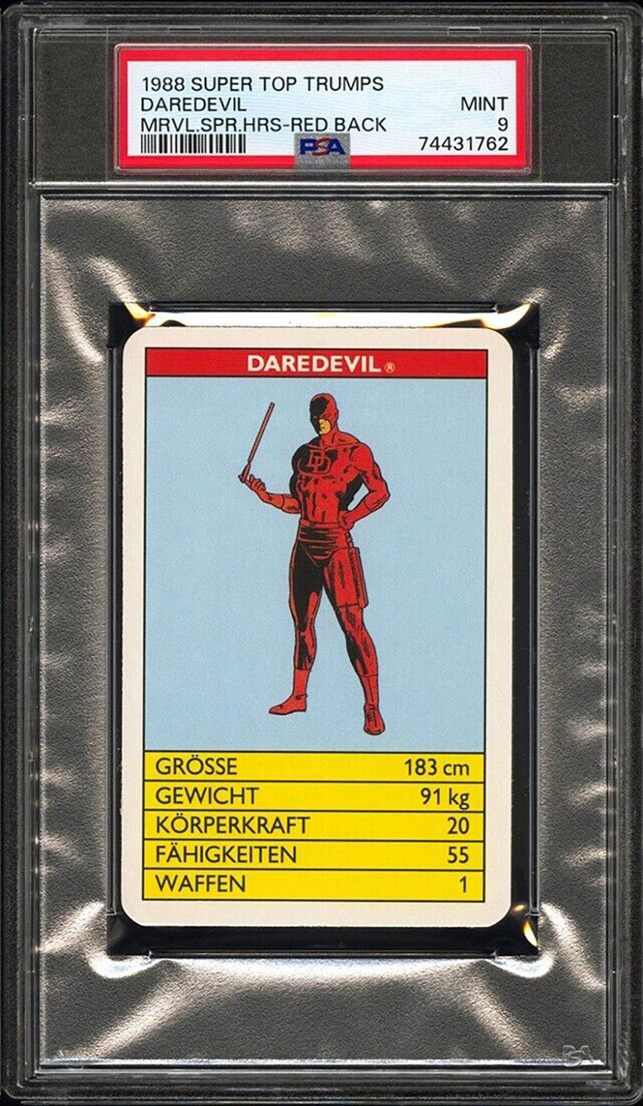 DAREDEVIL PSA 9 1988 Super Top Trumps Marvel Super Heroes Red Back C1 Marvel Base Graded Cards - Hobby Gems