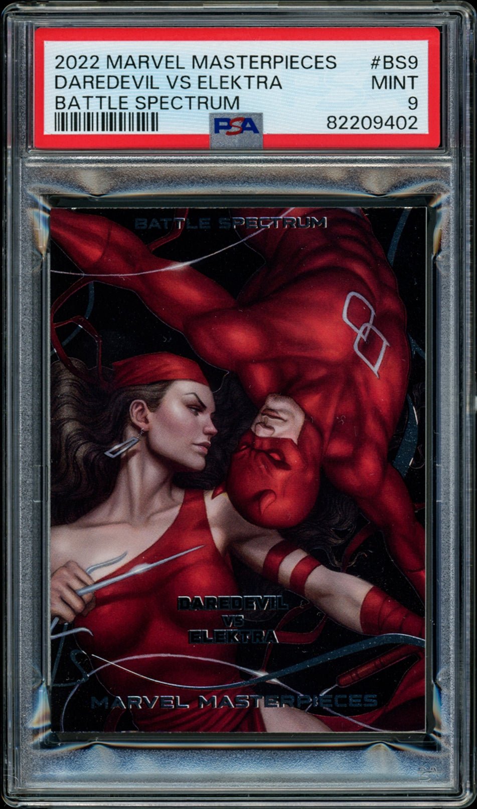 DAREDEVIL vs ELEKTRA PSA 9 2022 UD Marvel Masterpieces Battle Spectrum #BS9 Marvel Graded Cards Insert - Hobby Gems