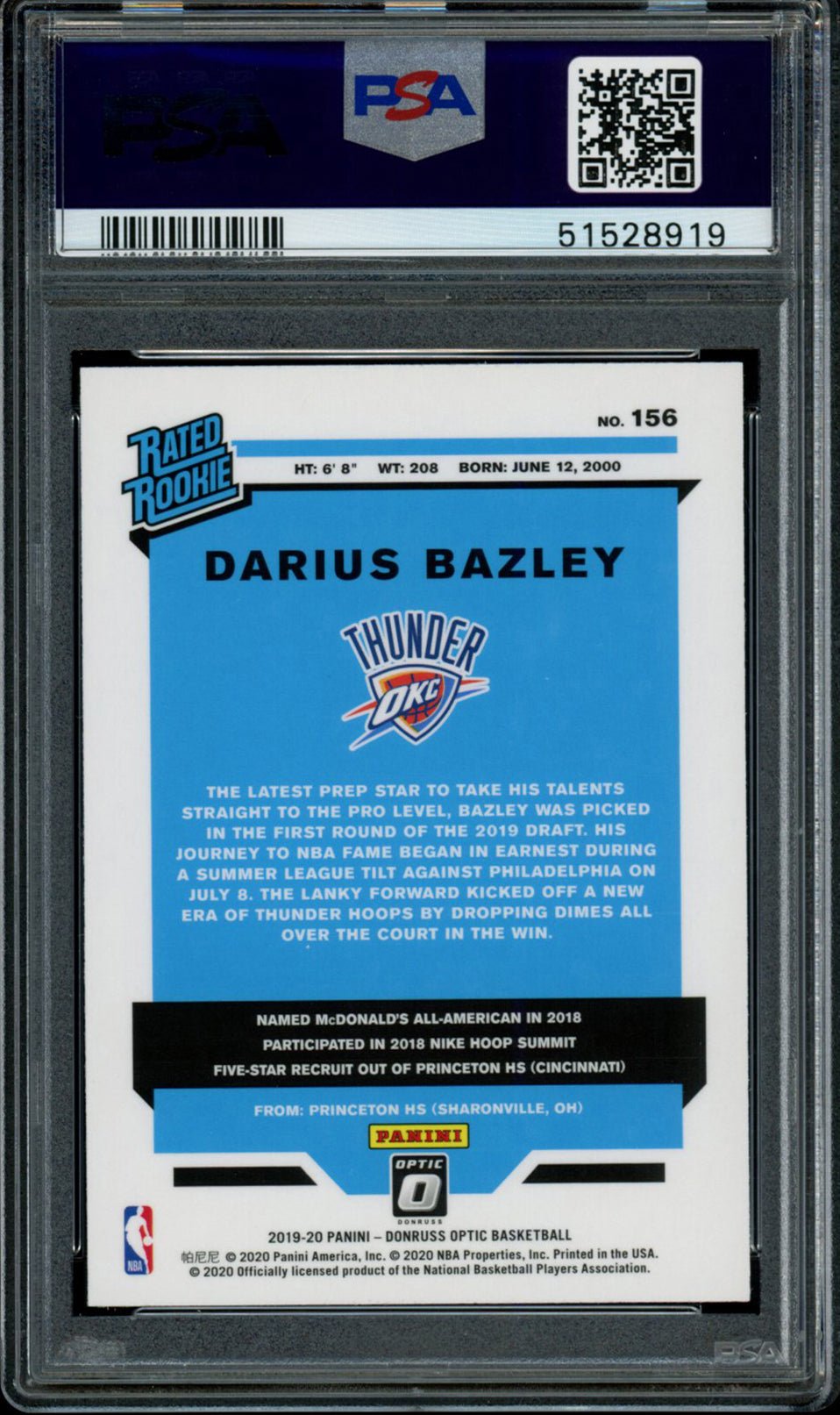 DARIUS BAZLEY PSA 10 2019-20 Panini Donruss Optic RC #156 Basketball Base Graded Cards RC - Hobby Gems