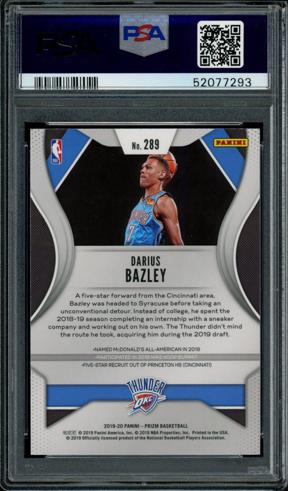 DARIUS BAZLEY PSA 10 2019-20 Panini Prizm RC #289 Basketball Base Graded Cards RC - Hobby Gems