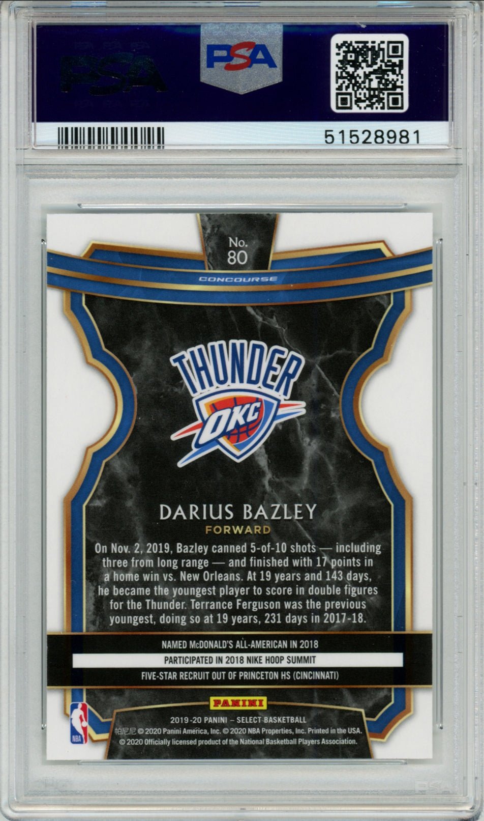 DARIUS BAZLEY PSA 10 2019-20 Panini Select RC Concourse #80 Basketball Base Graded Cards RC - Hobby Gems