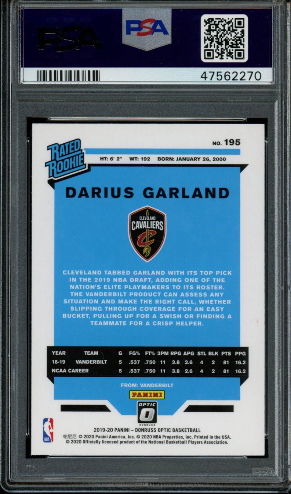 DARIUS GARLAND PSA 10 2019-20 Donruss Optic RC #195 Basketball Base Graded Cards RC - Hobby Gems