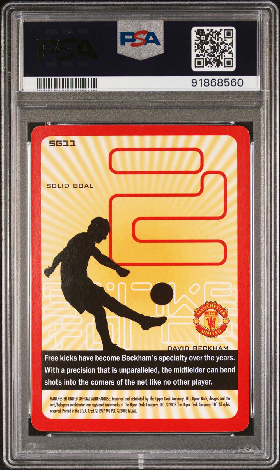 DAVID BECKHAM PSA 8 2003 UDManchester United Strike Force Solid Goal #SG11 Soccer Graded Cards Insert - Hobby Gems