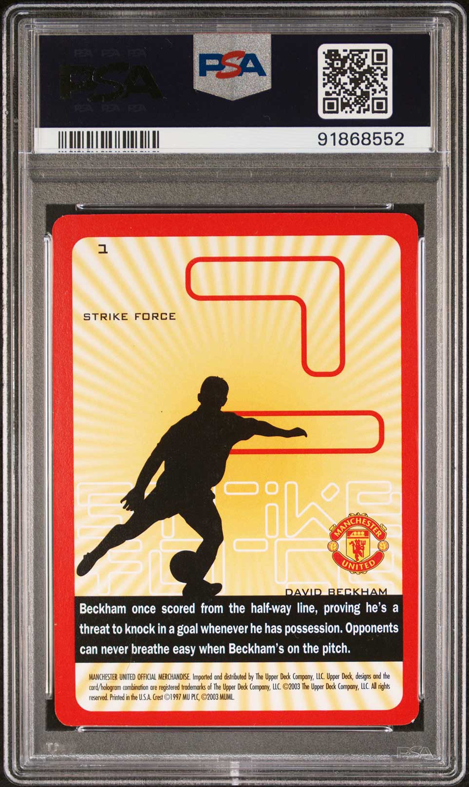 DAVID BECKHAM PSA 9 2003 Upper Deck Manchester United Strike Force #1 Soccer Base Graded Cards - Hobby Gems