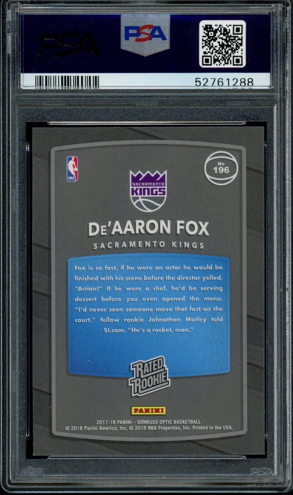 De'AARON FOX PSA 10 2017-18 Panini Donruss Optic RC Red Yellow #196 Basketball Base Graded Cards Parallel - Hobby Gems