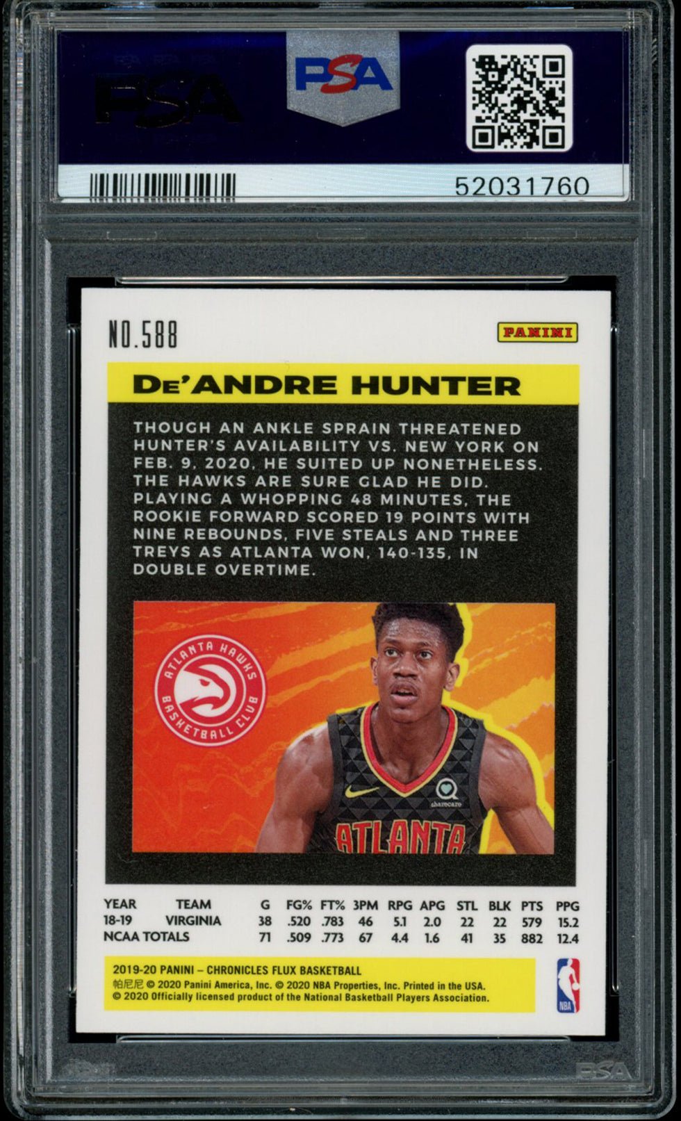 DE'ANDRE HUNTER PSA 10 2019-20 Panini Chronicles RC Flux #588 Basketball Base Graded Cards RC - Hobby Gems