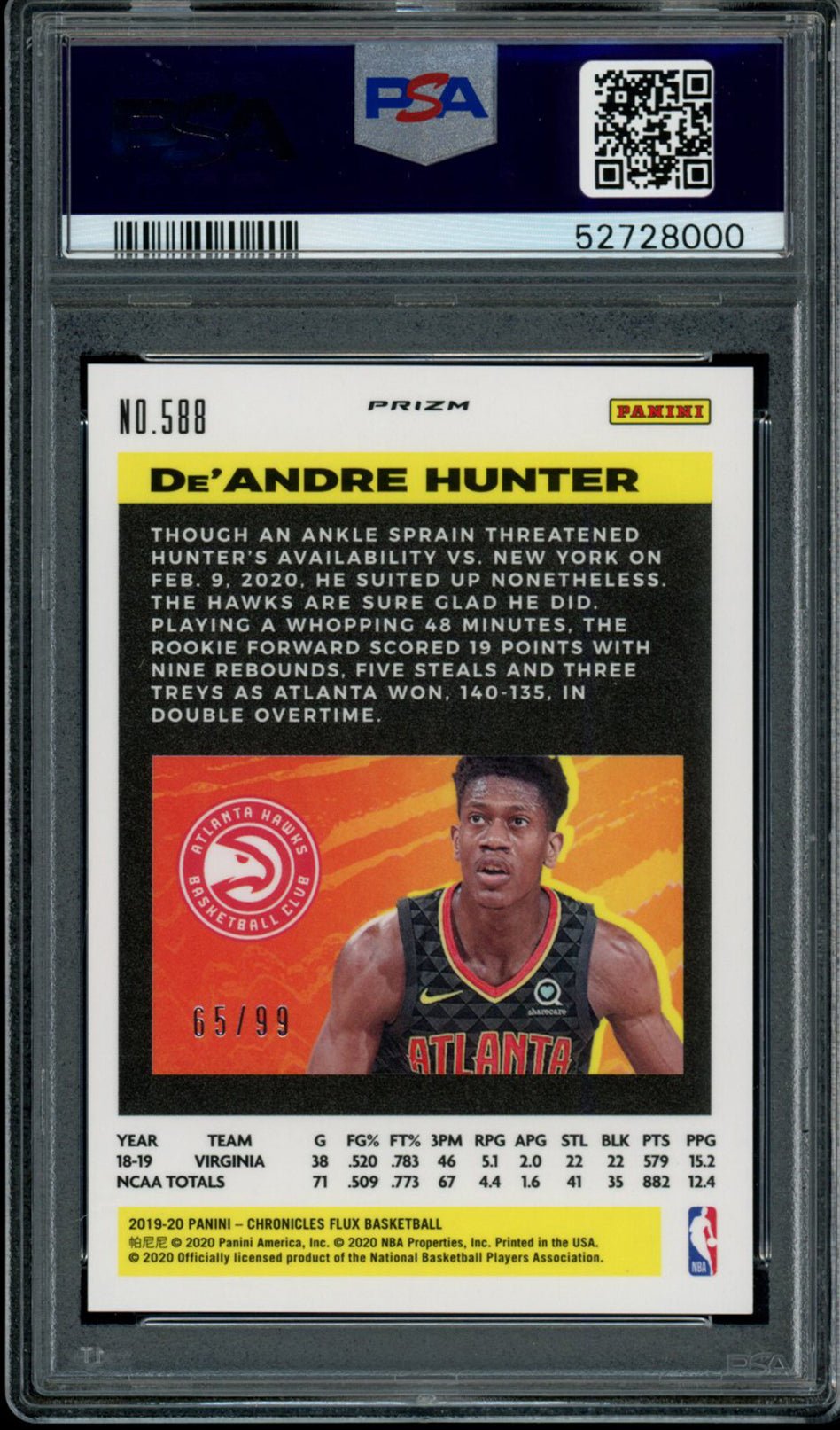 DE'ANDRE HUNTER PSA 10 2019-20 Panini Chronicles RC Flux Blue Prizm #588 65/99 Basketball Graded Cards Parallel RC - Hobby Gems