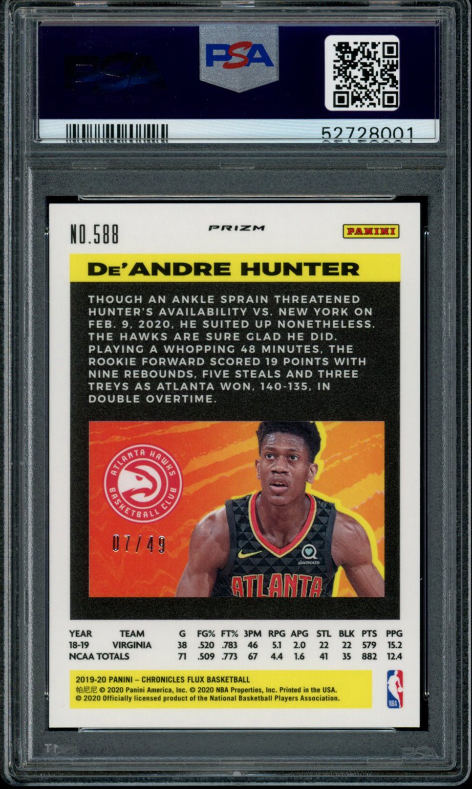 DE'ANDRE HUNTER PSA 10 2019-20 Panini Chronicles RC Flux Purple Prizm #588 7/49 Basketball Graded Cards Parallel RC - Hobby Gems