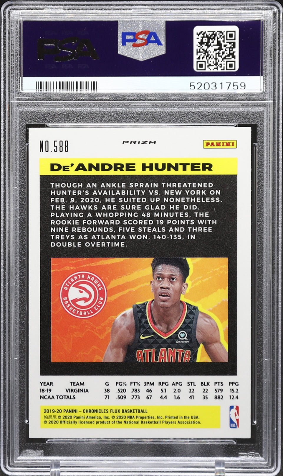 DE'ANDRE HUNTER PSA 10 2019-20 Panini Chronicles RC Flux Silver Prizm #588 Basketball Graded Cards Parallel RC - Hobby Gems