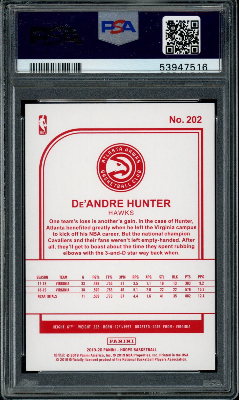 DE'ANDRE HUNTER PSA 10 2019-20 Panini Hoops RC Red Back #202 Low Pop Basketball Graded Cards Parallel RC - Hobby Gems