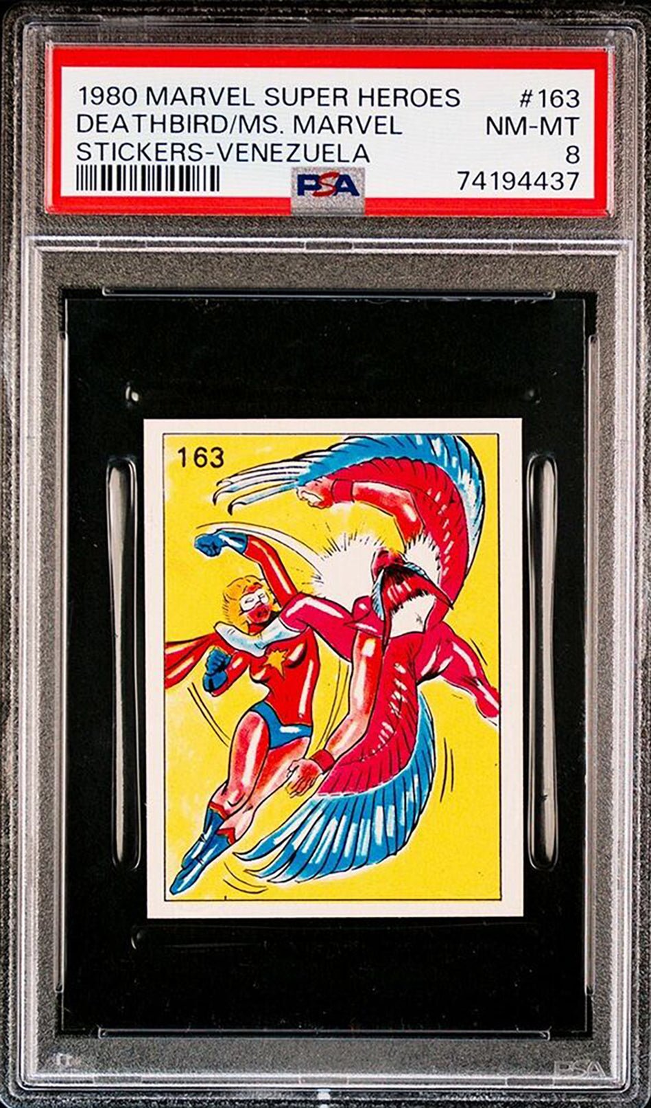 DEATHBIRD vs. MS. MARVEL PSA 8 1980 Marvel Super Heroes Sticker Venezuela #163 Marvel Graded Cards Sticker - Hobby Gems