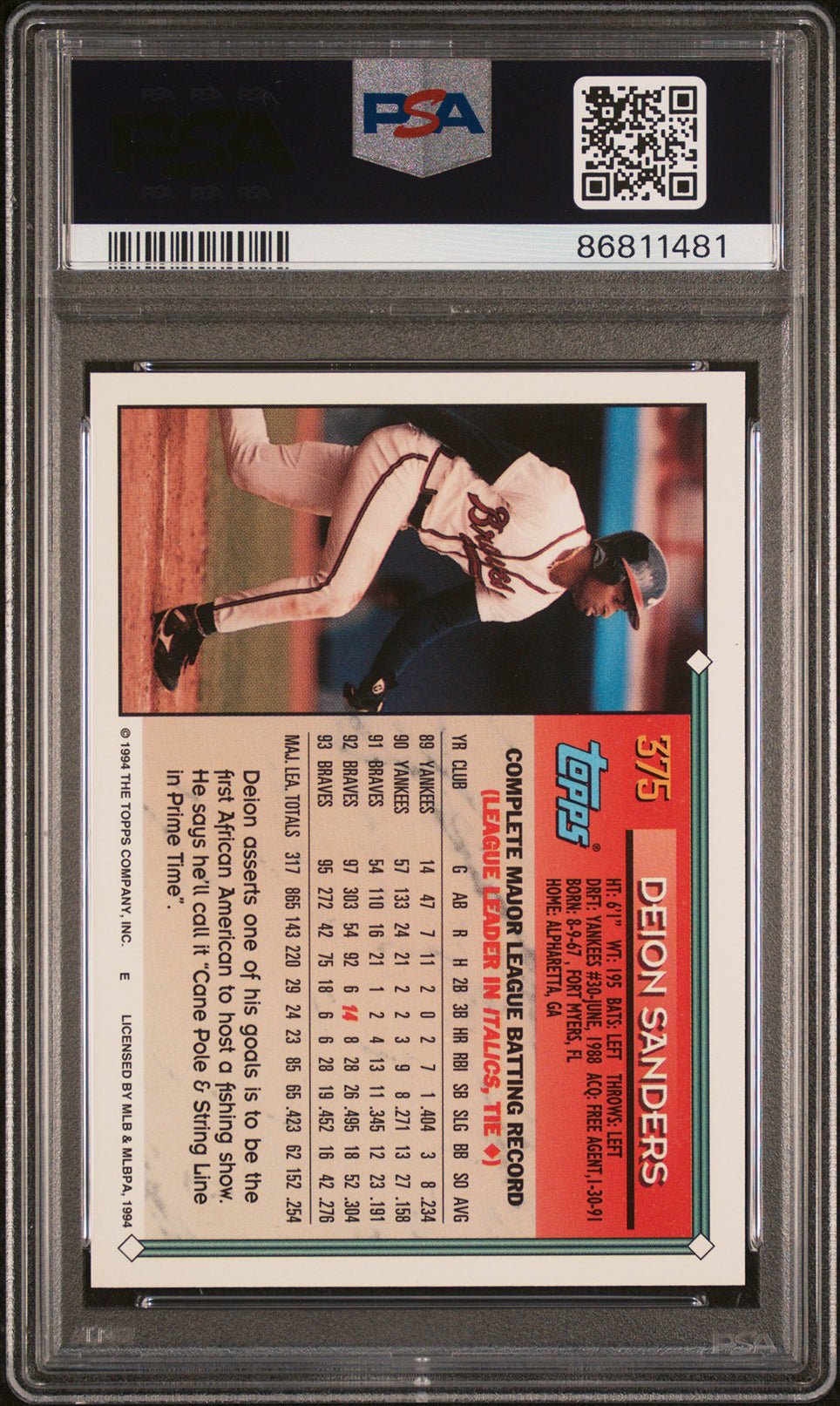 DEION SANDERS PSA 9 1994 Topps Gold #375 Baseball Graded Cards Parallel - Hobby Gems