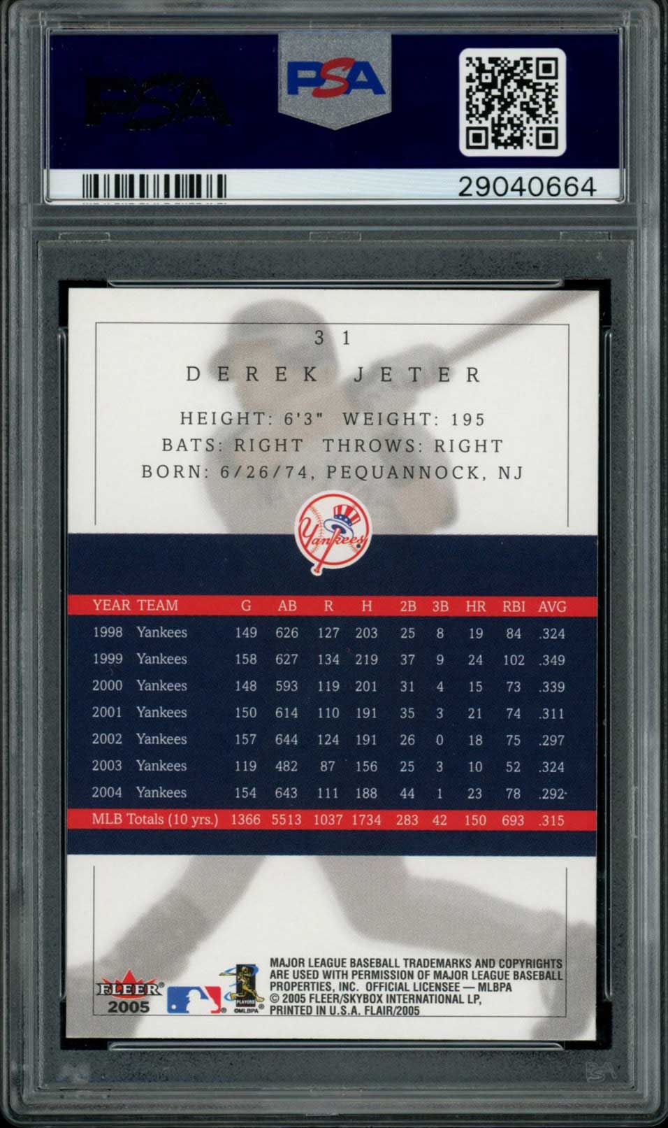 DEREK JETER PSA 10 2005 Flair #31 Baseball Base Graded Cards - Hobby Gems