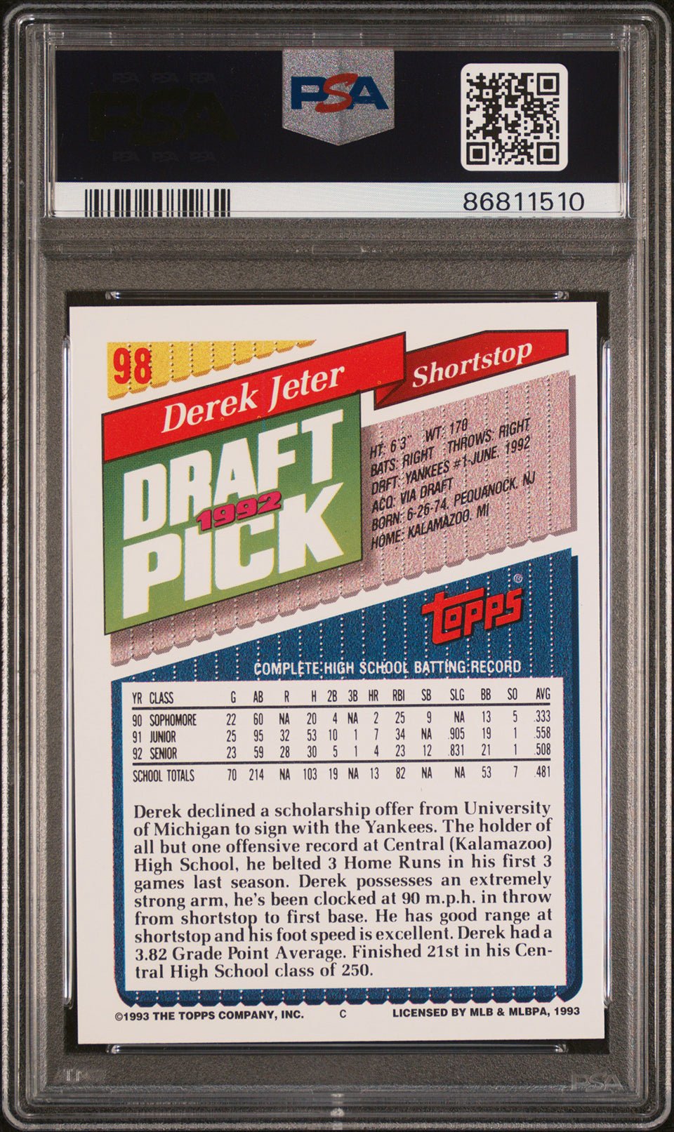 DEREK JETER PSA 9 1993 Topps RC #98 C3 Baseball Base Graded Cards RC - Hobby Gems