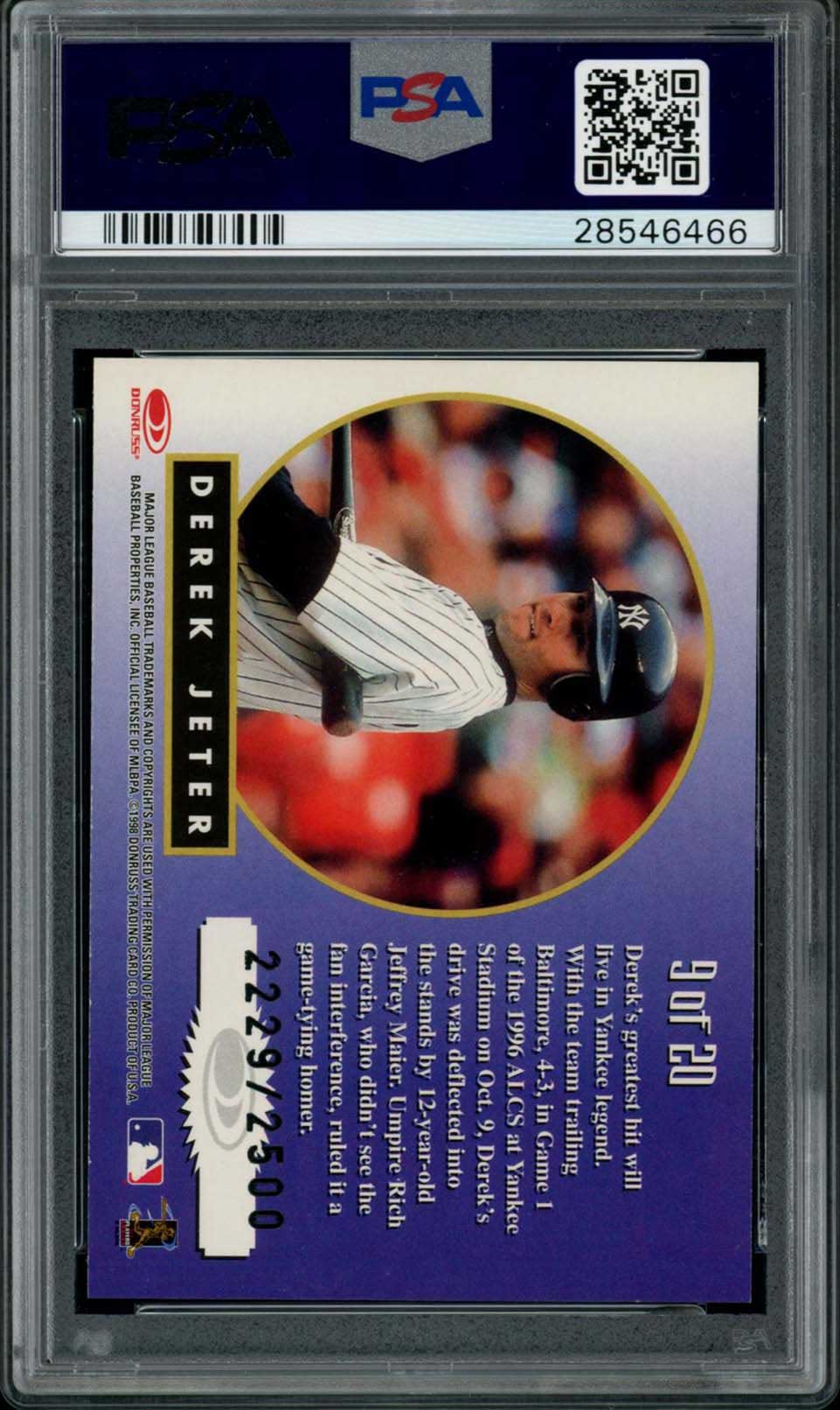 DEREK JETER PSA 9 1998 Leaf Rookies & Stars Greatest Hits #9 2229/2500 Baseball Graded Cards Insert Serial Numbered - Hobby Gems