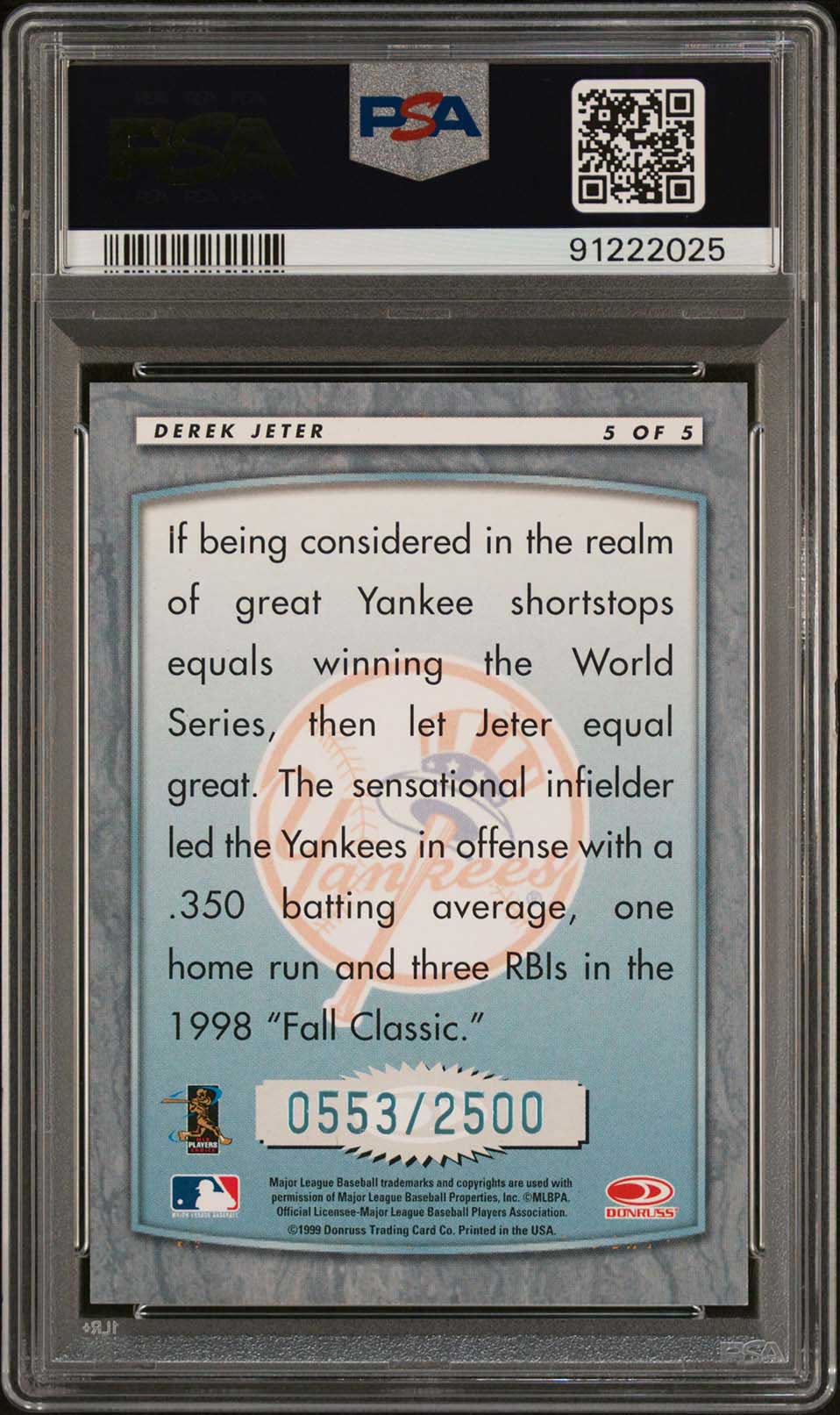 DEREK JETER PSA 9 2001 Donruss 1999 Retro Diamond Kings #5 553/2500 Baseball Graded Cards Insert Serial Numbered - Hobby Gems