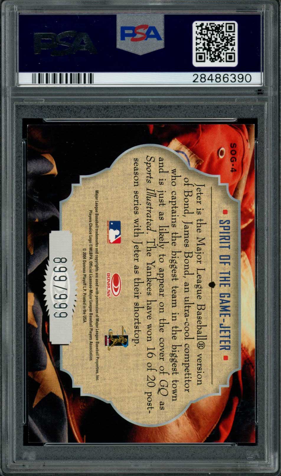 DEREK JETER PSA 9 2004 Studio Spirit of the Game #SOG4 899/999 Baseball Graded Cards Insert Serial Numbered - Hobby Gems