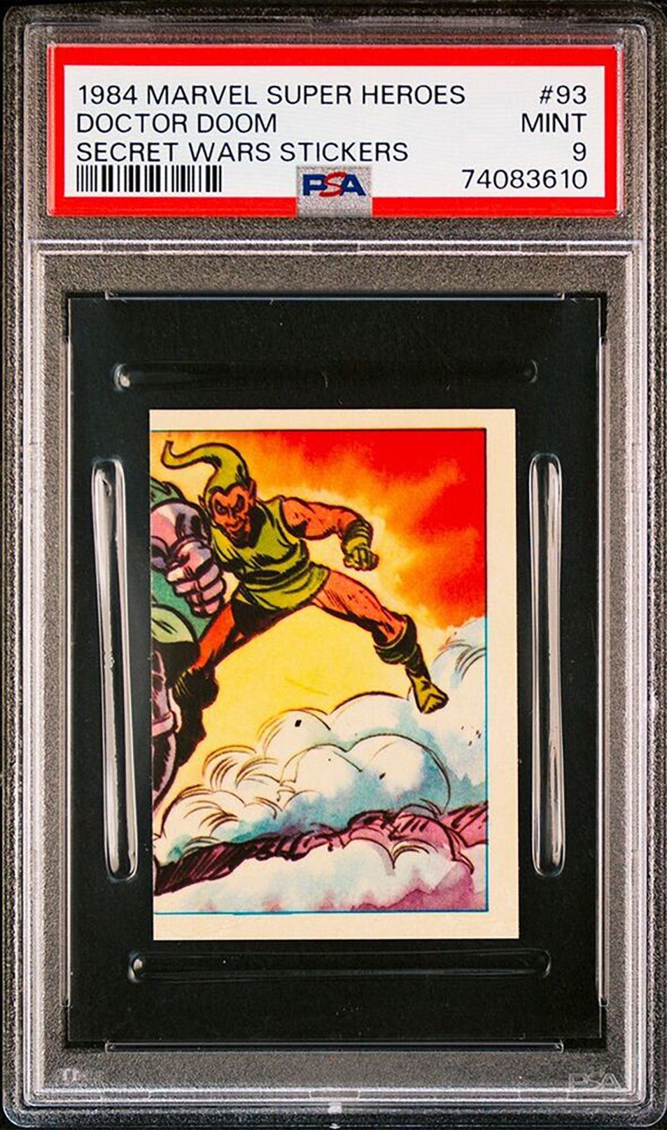 DOCTOR DOOM GREEN GOBLIN PSA 9 1984 Marvel Super Heroes Secret Wars Sticker #93 Marvel Graded Cards Sticker - Hobby Gems