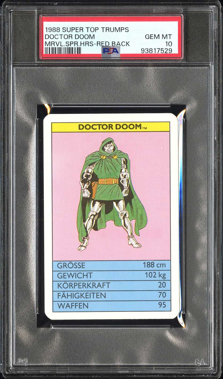 DOCTOR DOOM PSA 10 1988 Super Top Trumps Marvel Super Heroes Red Back Marvel Base Graded Cards - Hobby Gems