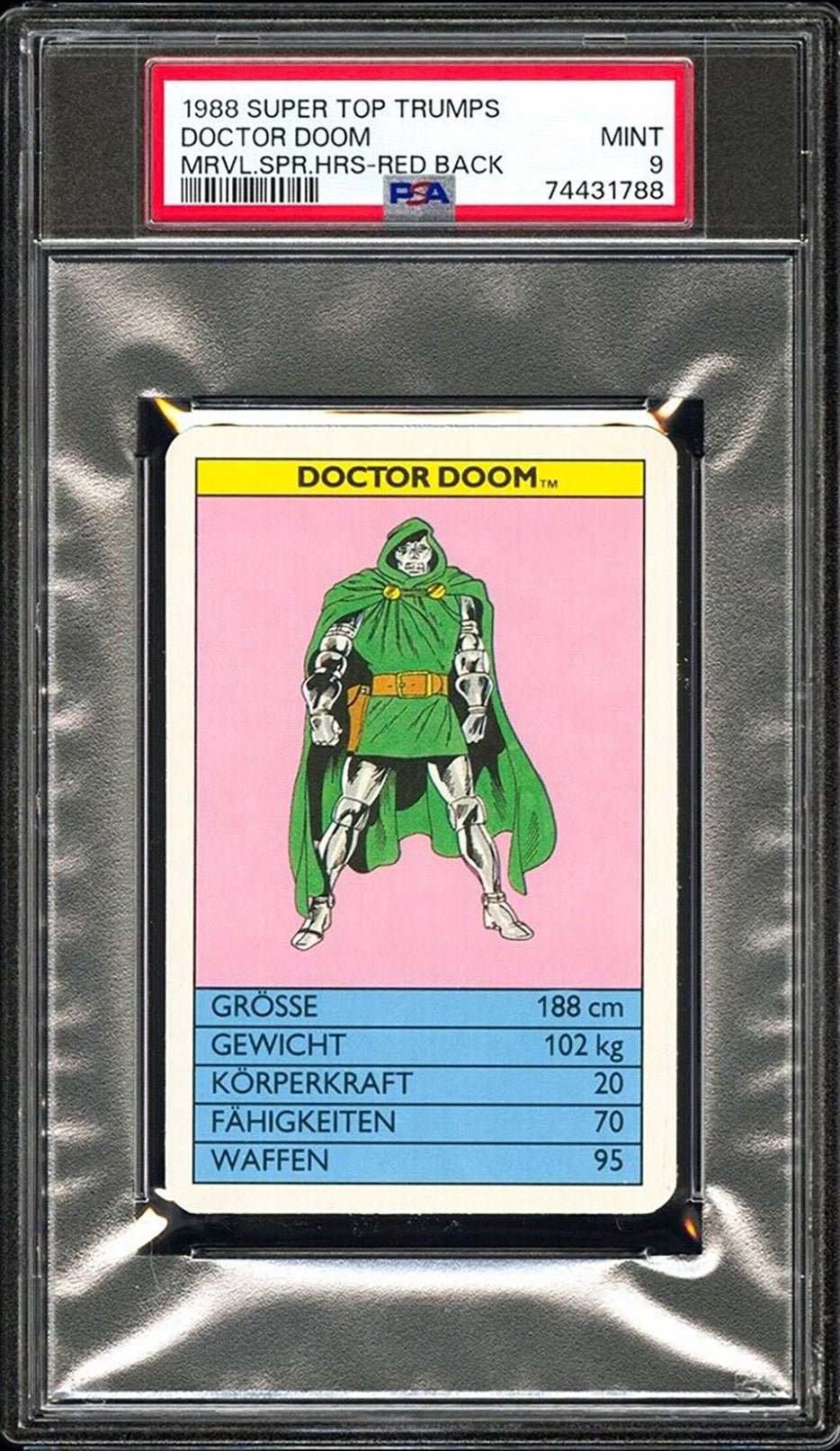 DOCTOR DOOM PSA 9 1988 Super Top Trumps Marvel Super Heroes Red Back Marvel Base Graded Cards - Hobby Gems