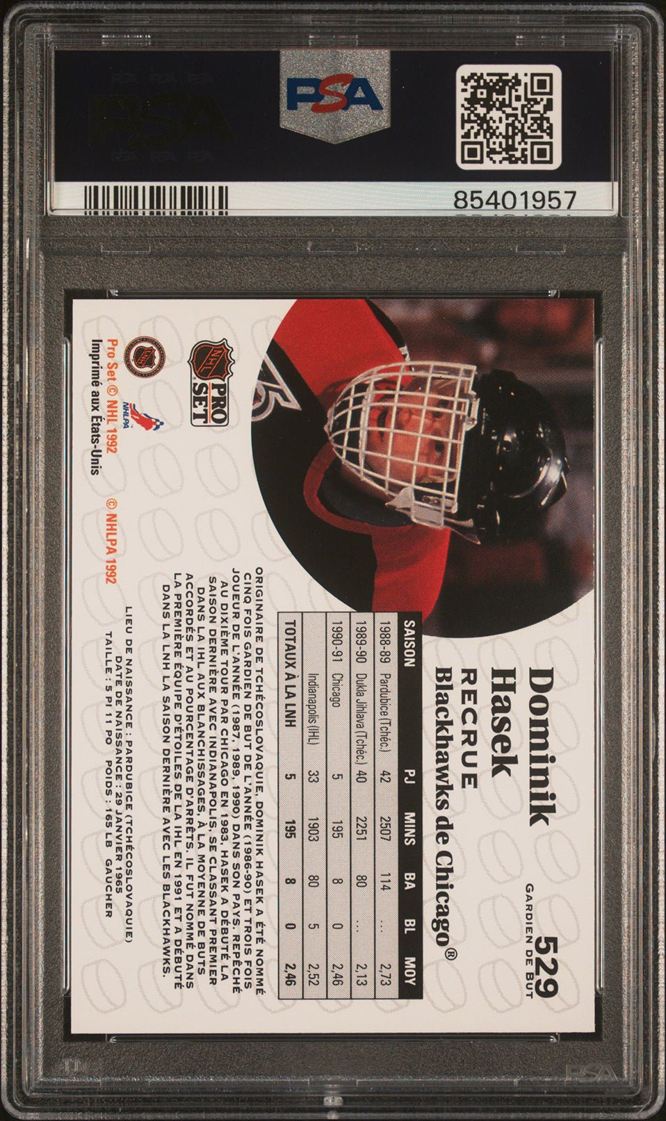 DOMINIK HASEK PSA 9 1991-92 Pro Set French #529 Hockey Base Graded Cards - Hobby Gems