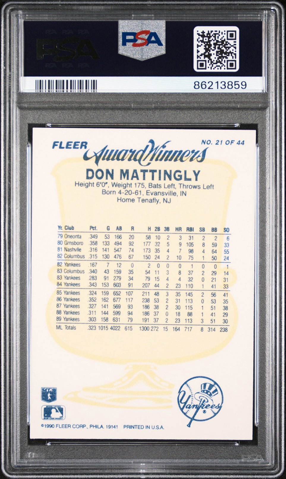 DON MATTINGLY PSA 6 1990 Fleer Award Winners #21 Baseball Graded Cards Insert - Hobby Gems