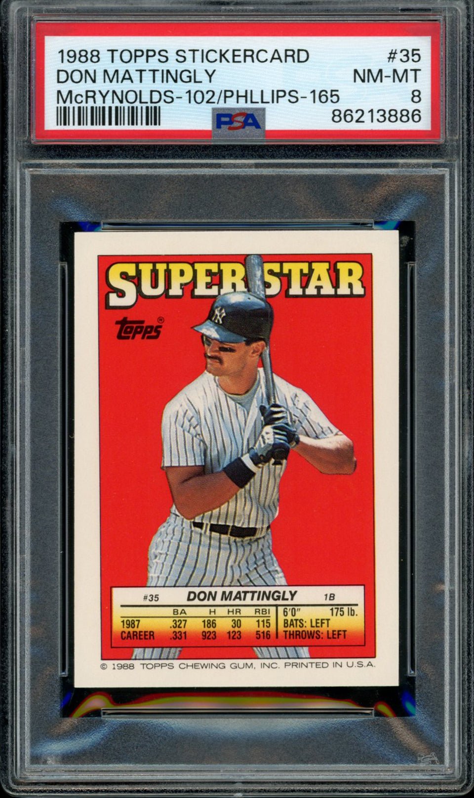 DON MATTINGLY PSA 8 1988 Topps Stickercard Yearbook #35 McReynolds-102 Phillips-165 Baseball Base Graded Cards Sticker - Hobby Gems