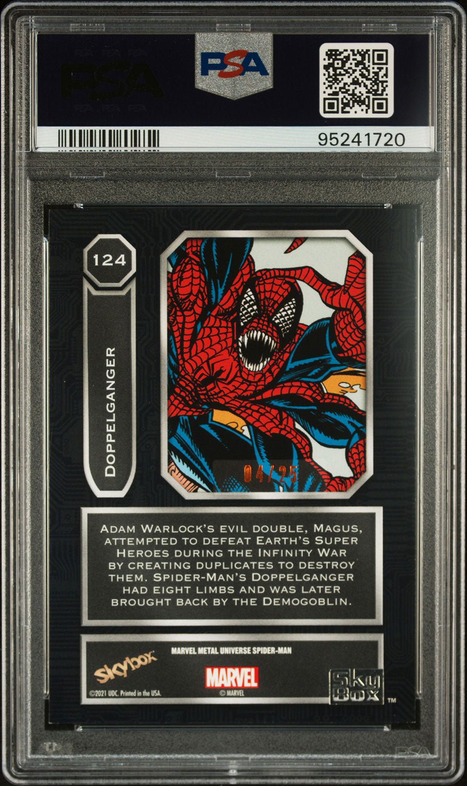 DOPPELGANGER Spider - Man PSA 8 2022 Skybox Marvel Metal Universe Spider - Man Light FX Orange #124 4/25 Marvel Graded Cards Parallel Serial Numbered - Hobby Gems