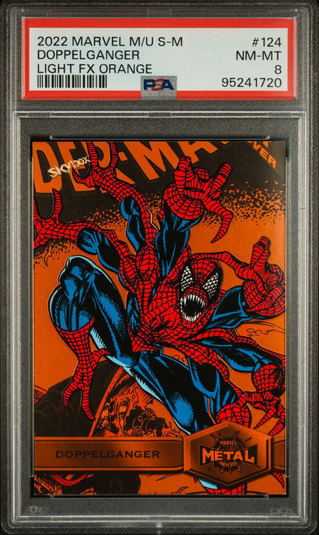 DOPPELGANGER Spider - Man PSA 8 2022 Skybox Marvel Metal Universe Spider - Man Light FX Orange #124 4/25 Marvel Graded Cards Parallel Serial Numbered - Hobby Gems